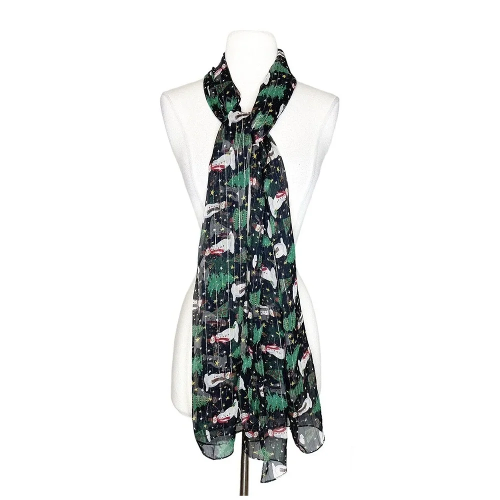 NEW Cejon Holiday Scarf Christmas Tree Snowman Black Sheer Metallic Chiffon